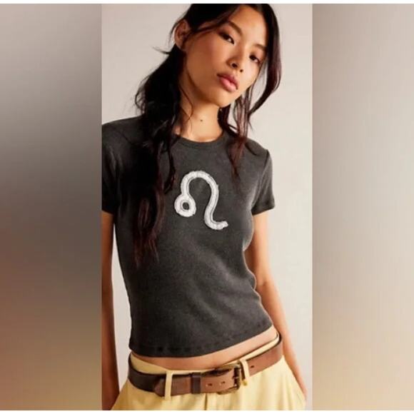 The Laundry Room x Free People Leo Stitch - Baby Tee - Black Snow NEW Size L - Picture 1 of 9